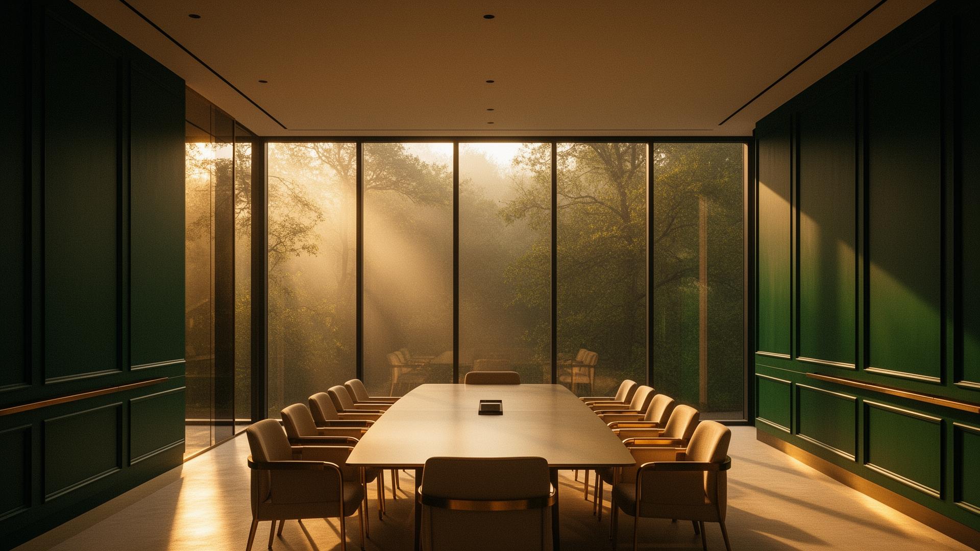 Sunlit modern boardroom overlooking a forest canopy